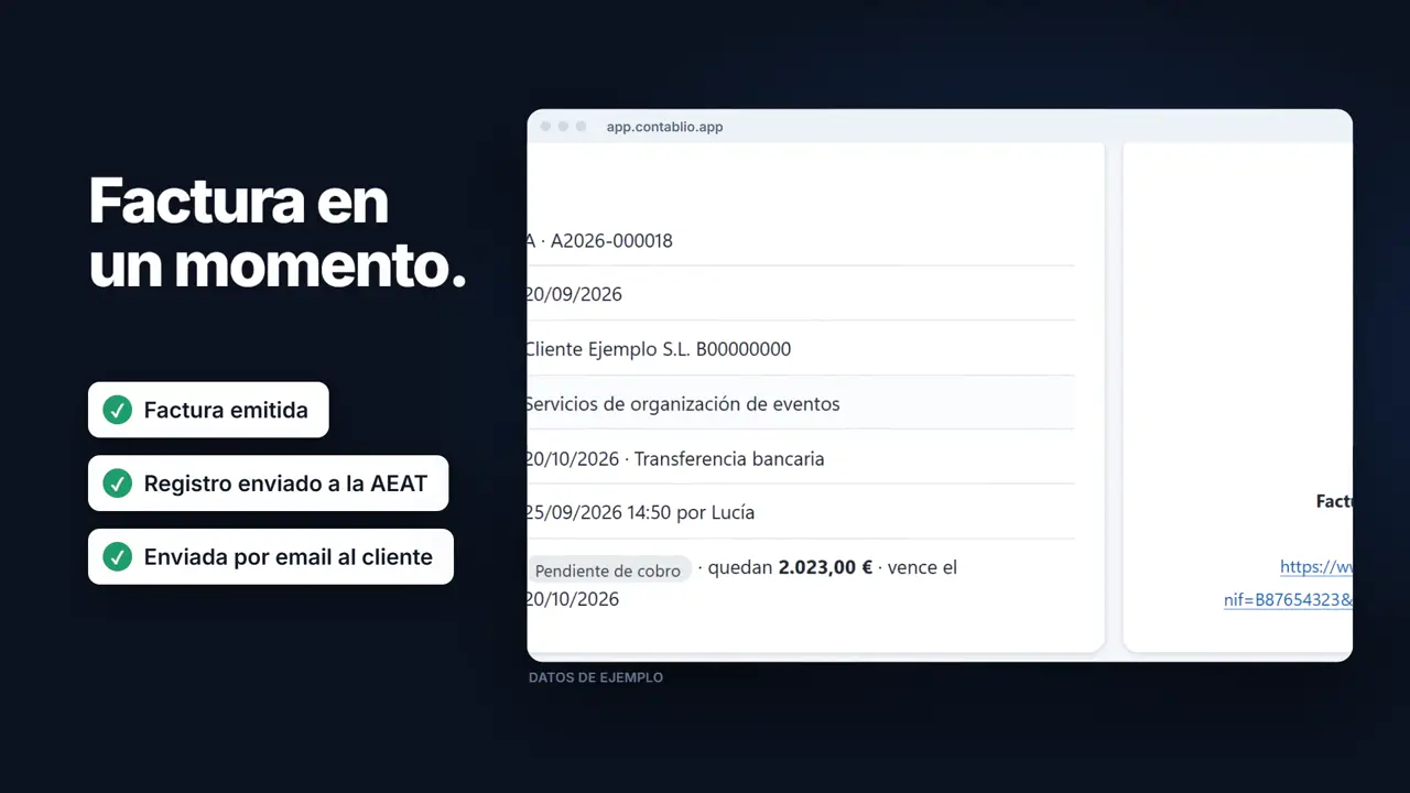 Fotograma del anuncio de Contablio: «Factura en un momento», con una factura real de la aplicación (datos de ejemplo)